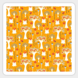 White Trees and Flora Forest on Yellow Background Contemporary Pattern Sticker